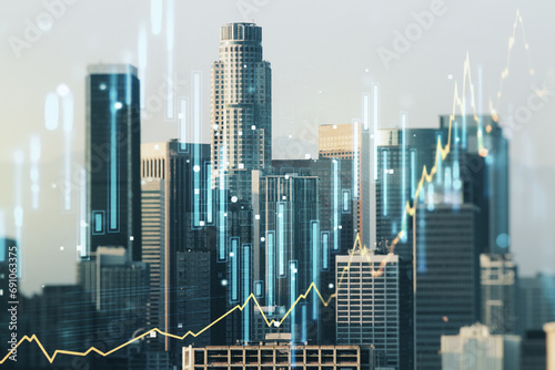 Double exposure of abstract creative financial chart hologram on Los Angeles skyscrapers background, research and strategy concept