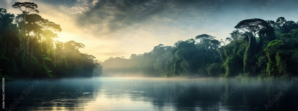 The tranquility of an Amazonian river at sunrise, with mist rising from the water and the vibrant greens of the surrounding fores