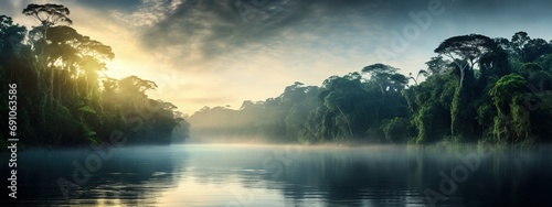 The tranquility of an Amazonian river at sunrise, with mist rising from the water and the vibrant greens of the surrounding fores photo