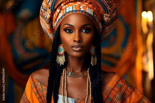 Exquisite African woman adorned in traditional attire and accessories, set against a backdrop of captivating African patterns. 