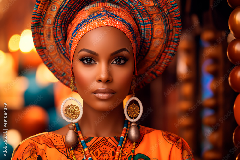 Exquisite African woman adorned in traditional attire and accessories ...