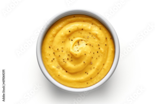 Mustard dip in a bowl isolated on transparent or white background, top view