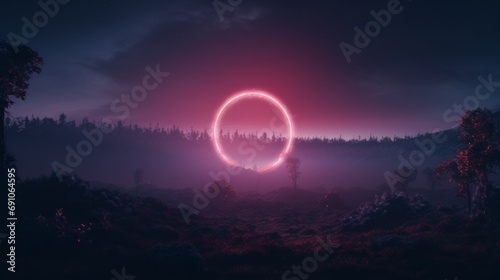 A glowing circle in the middle of nowhere in the minimalist style of retro visuals, vibrant fantasy landscapes, cyberpunk. Night landscape photo