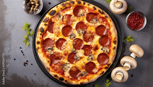 large, freshly baked pepperoni and mushroom pizza sitting on a pan photo