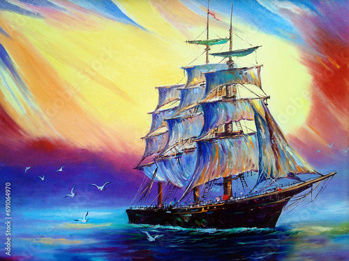 Art Oil painting color sailboat 