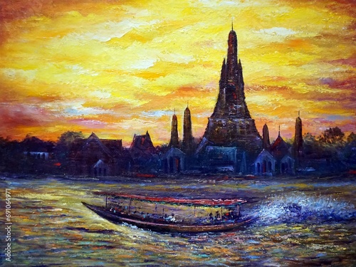 hand painted original impressionism painting oil color thailand   temple of dawn and siam land of smiles
