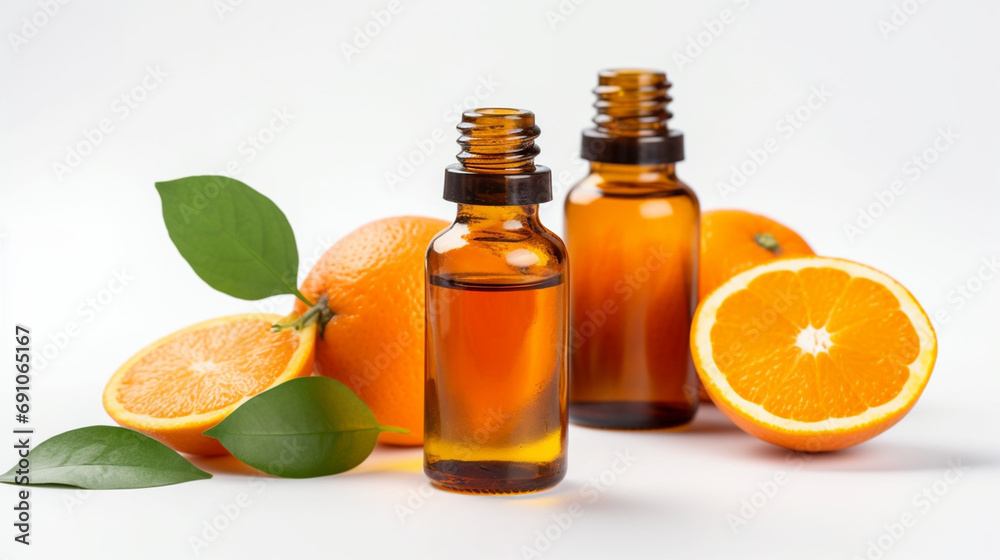 Grapefruit essential oil in a small bottle. Selective focus. Generative AI,