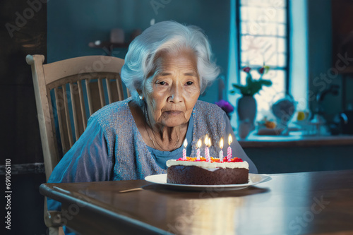 sad or depressed grandma, alone old woman on her birthday with cake photo