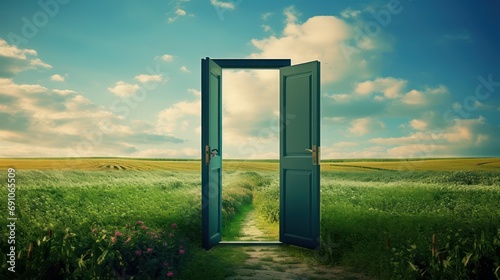 There is a door in a green field. When you open it, you can enter a different world, door and door frame, Beyond the gate, a desert comes into view - photo