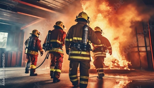 Firefighters Battling Blaze. Urgency and Teamwork © Marko