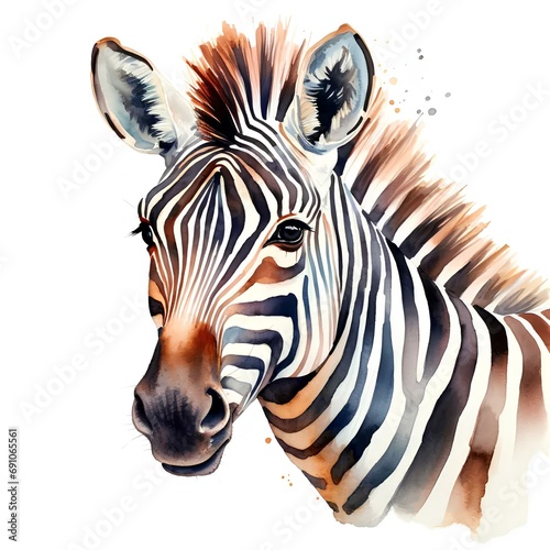 Portrait of zebra on white  watercolor illustration created with generative AI technologies. Logotype design
