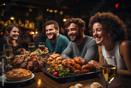 group of happy friends sitting near big table  drinking alcohol and celebrating Christmas