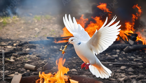 White dove in fire in the war. World peace day. Stop war in Ukraine. Peace crisis, no war, equality and love concept.