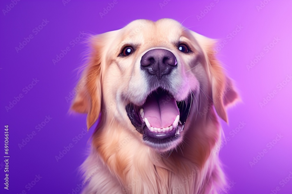 A close-up portrait of a golden retriever puppy on a purple background