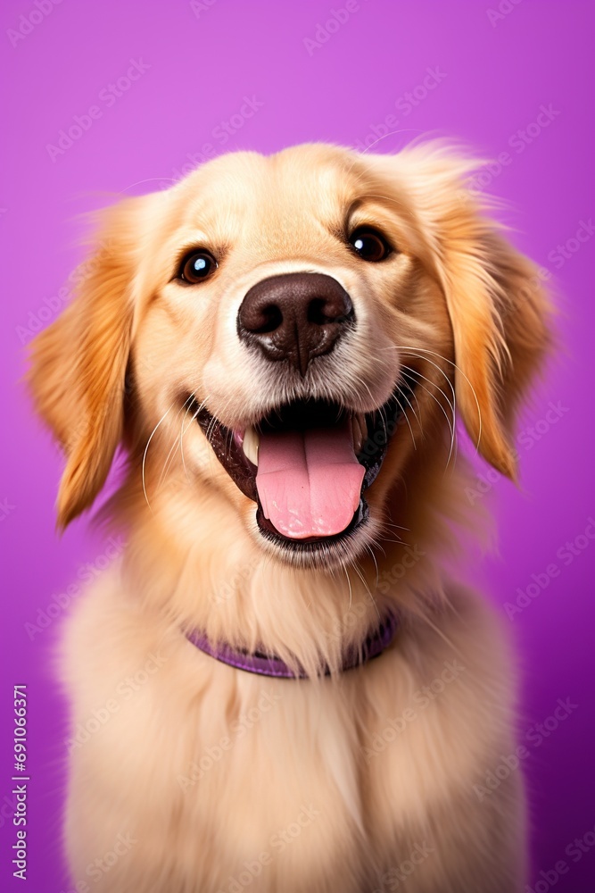 A close-up portrait of a golden retriever puppy on a purple background A close-up portrait of a golden retriever puppy on a purple background