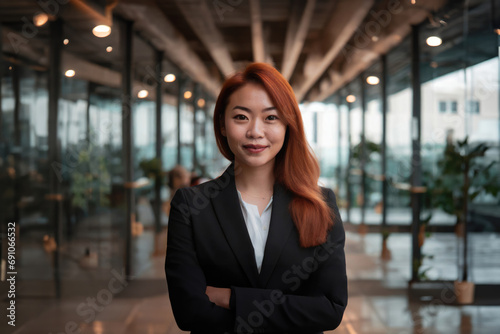 Beautiful woman with dark hair and prominent nose exudes confidence and sophistication in a professional black suit  with an office backdrop  evoking a successful career woman