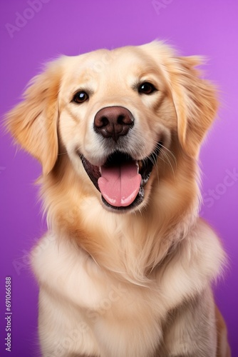 A close-up portrait of a golden retriever puppy on a purple background