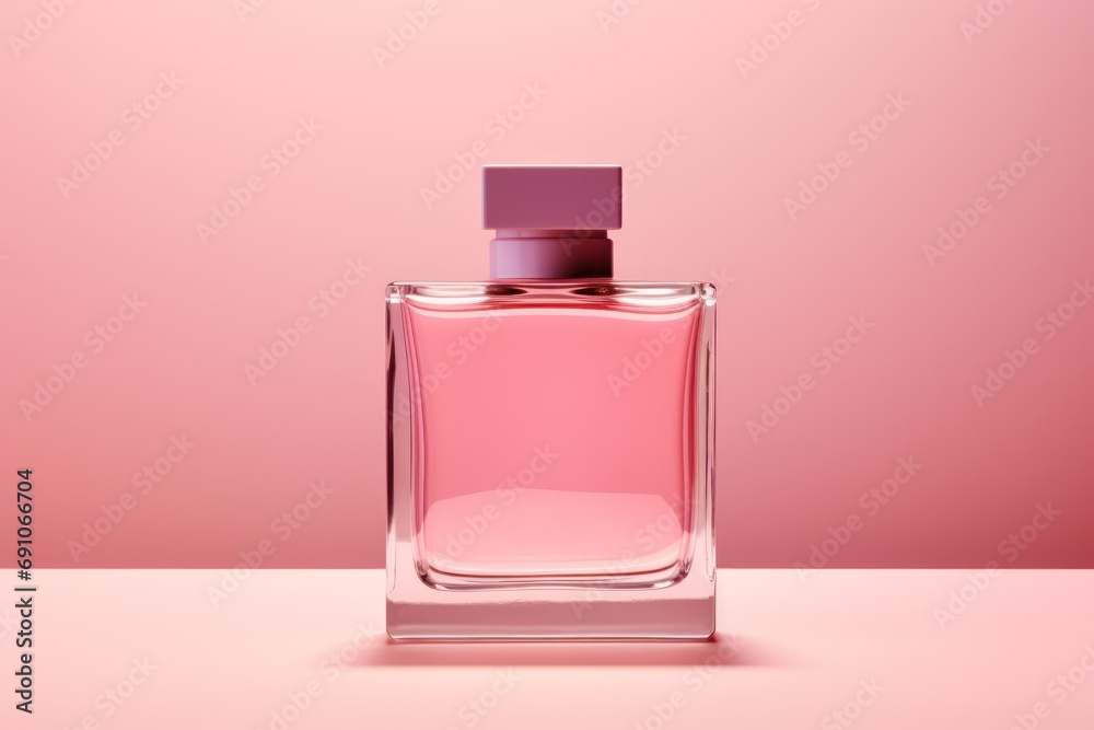 Pink blank perfume glass bottle mockup design. Cosmetic product image.  - obrazy, fototapety, plakaty 
