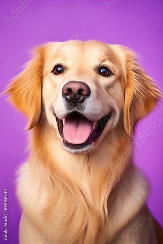 A close-up portrait of a golden retriever puppy on a purple background