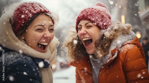 Two women engaged in a friendly snowball fight, their expressions of joy and camaraderie frozen in a moment of playful winter fun photo
