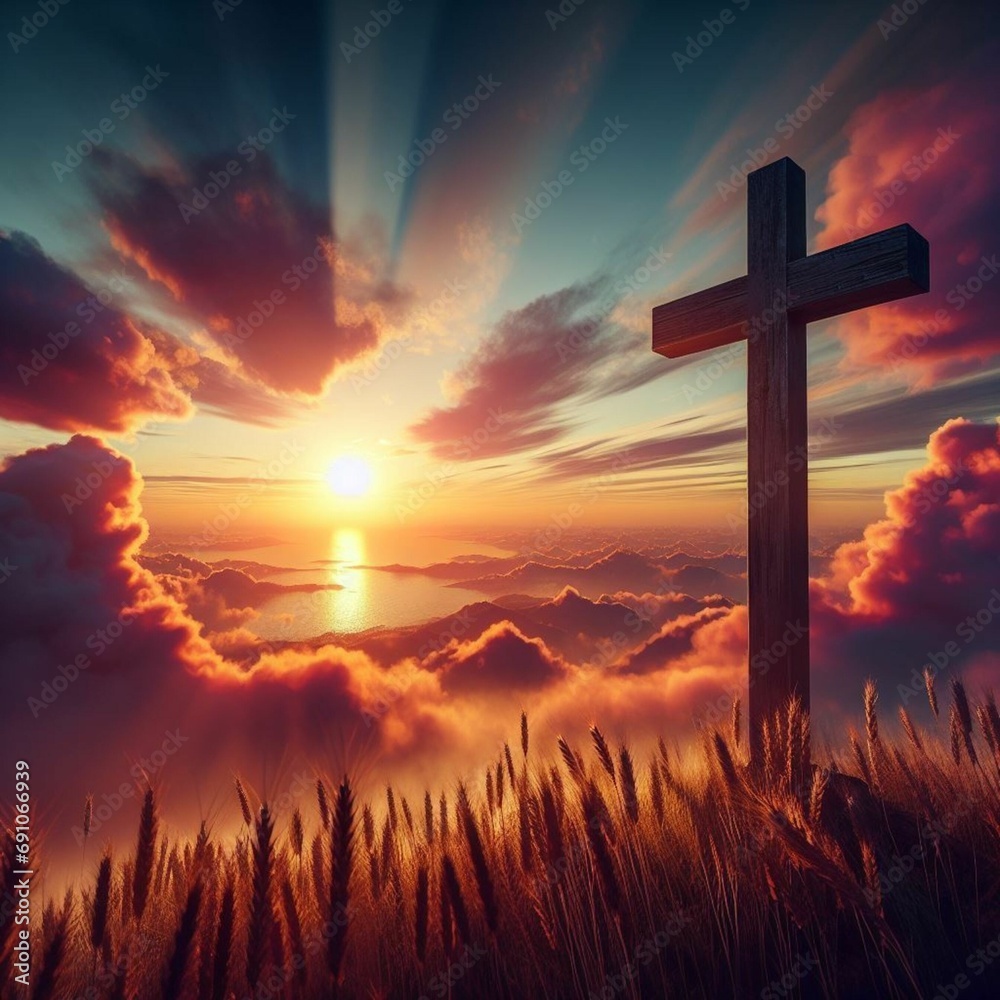 Jesus cross at sunset, beautiful landscape, sunrise, clouds, wood, landscape, symbol, catholic, church, sky, religion, god, christ, cross, religious, crucifix, sun, crucifixion, bible, Generative AI