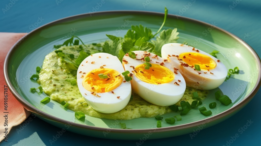 Boiled eggs with fresh herbs in a plate on the table.