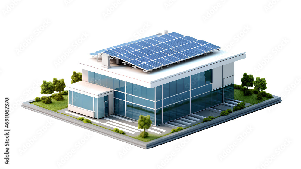Modern office with solar panels mounted on the roof to save energy, clean energy concept, renewable energy