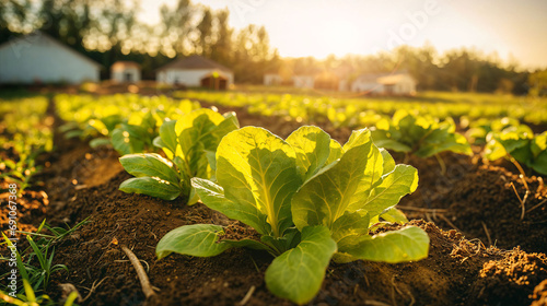 A close-up row of romaine lettuce in a farm field photo