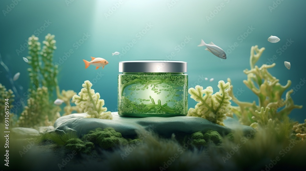 Natural algae skin care product under the sea with cream jar and bubbles in 3d illustration