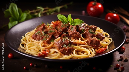 pasta with fresh herbs in a plate on the table.