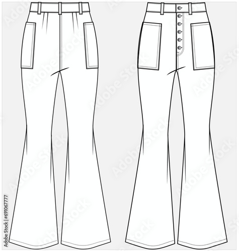 FIT AND  FLARED BOTTOM WITH SIDE TAPINGPATCH POCKET DETAIL TROUSERS IN CORDUROY FABRIC DESIGN FOR WOMEN AND TEEN GIRLS IN EDITABLE FILE