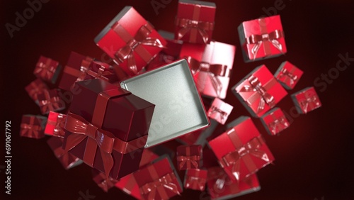  christmas gift boxes many gifts are flying on a red background photo