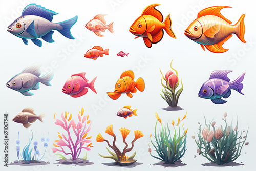 cartoon ocean inhabitants, fish icons