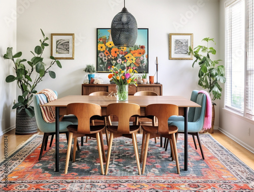 An eclectic bohemian dining room with a mix-and-match chair set, featuring vibrant colors and patterns.