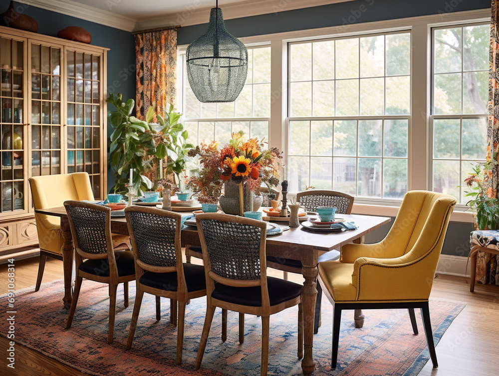 A vibrant dining room showcasing an assortment of unique and diverse chairs, creating an eclectic atmosphere.