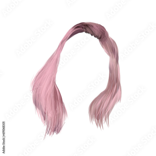 Pink long curly hair wig isolated on white.Aitana model Hair style for generative fill photo