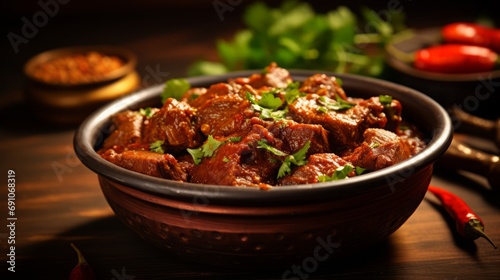 Stewed meat pieces in a clay plate on the table.