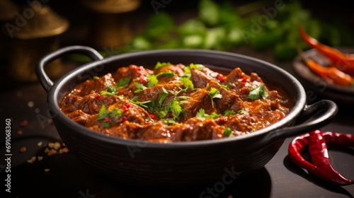 Stewed meat pieces in a clay plate on the table.