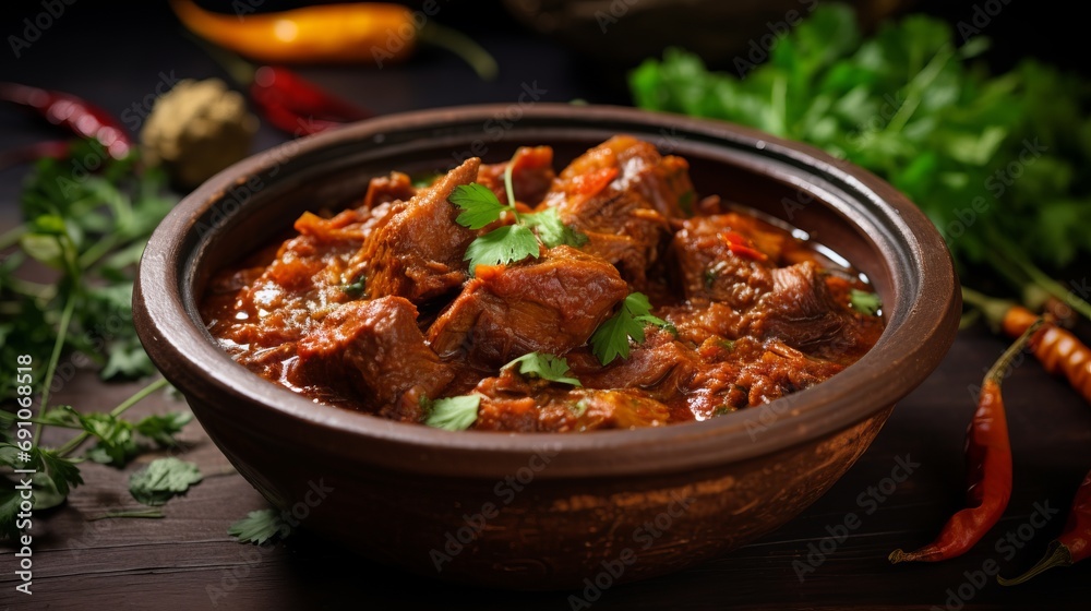 Stewed meat pieces in a clay plate on the table. Stewed meat pieces in a clay plate on the table.