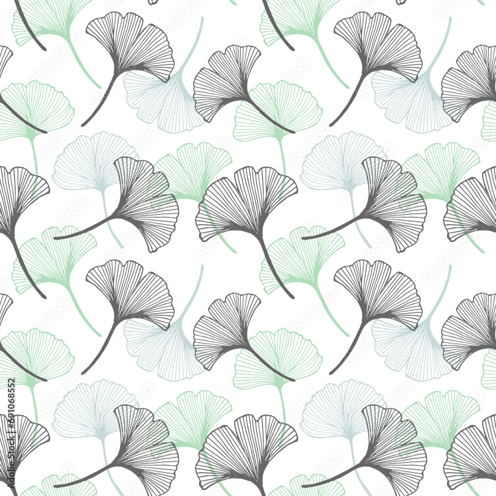 Seamless pattern, hand drawn ginkgo biloba leaves on a white background. Background, print, elegant textile, vector