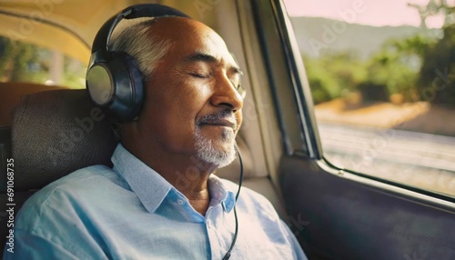 Elderly Man Sleeping in Vehicle with Headphones, Peaceful Rest on the Journey 
