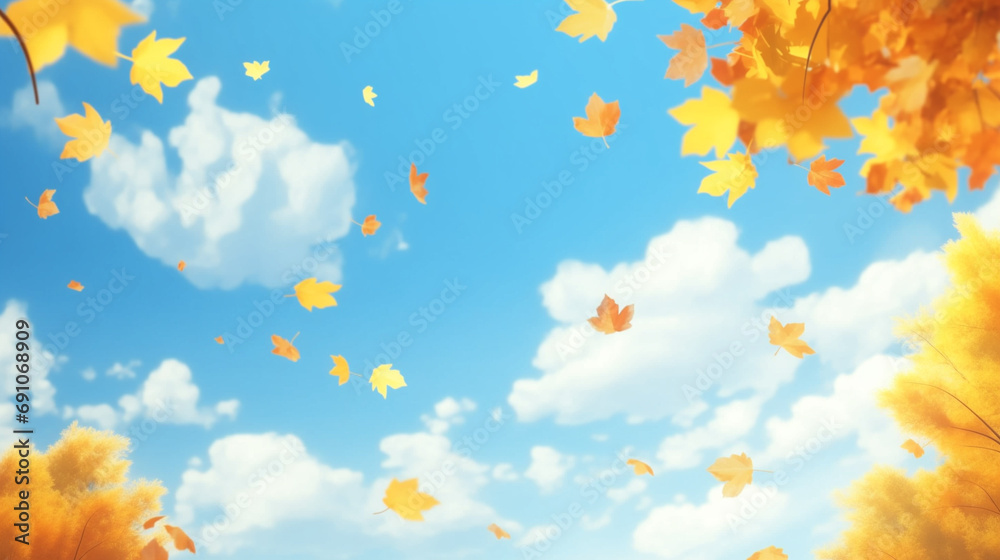 bright autumn scene with golden yellow leaves falling from the trees against a clear blue sky with soft white clouds bright autumn scene with golden yellow leaves falling from the trees against a clear blue sky with soft white clouds