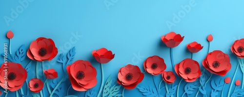 Red poppies on blue background. 