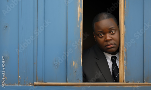 african american executive absorbed in thought against blue backdrop