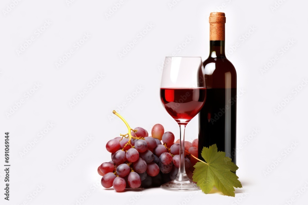 Red wine bottle with wine grapes isolated on transparent or white background
