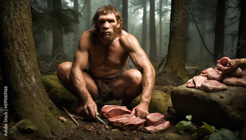 Homo sapiens, Neanderthal human from the past, generative AI photo