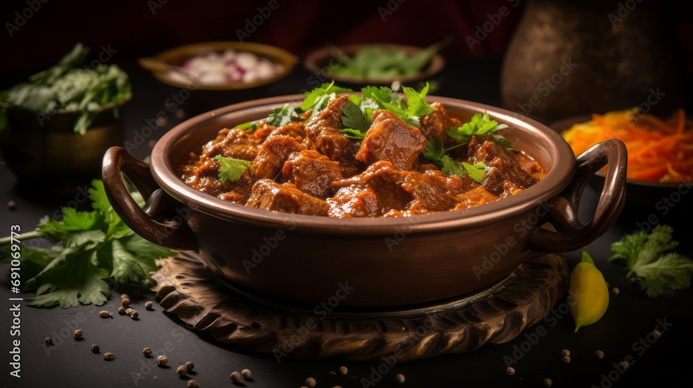 Stewed meat pieces in a clay plate on the table. Stewed meat pieces in a clay plate on the table.