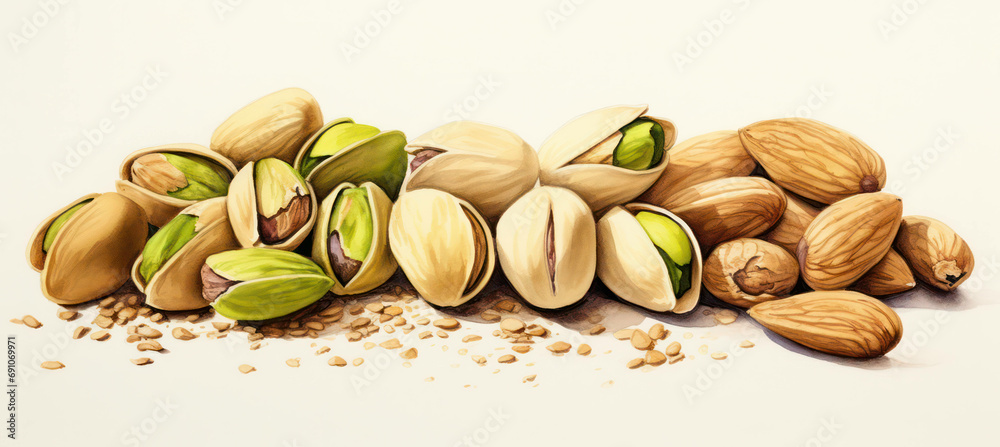 Nutshell background organic closeup pistachio green seed ingredient snack nut healthy brown food dry - obrazy, fototapety, plakaty 
