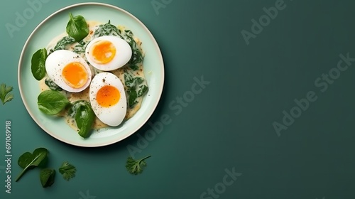 Boiled eggs with fresh herbs in a plate on the table. photo