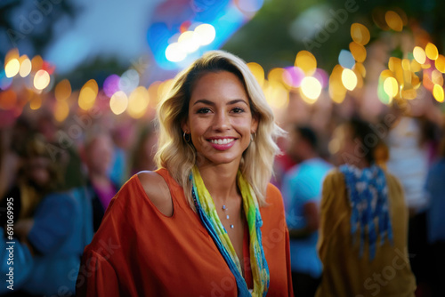 smiling blonde in crowd at festival, vibrant atmosphere © Marko